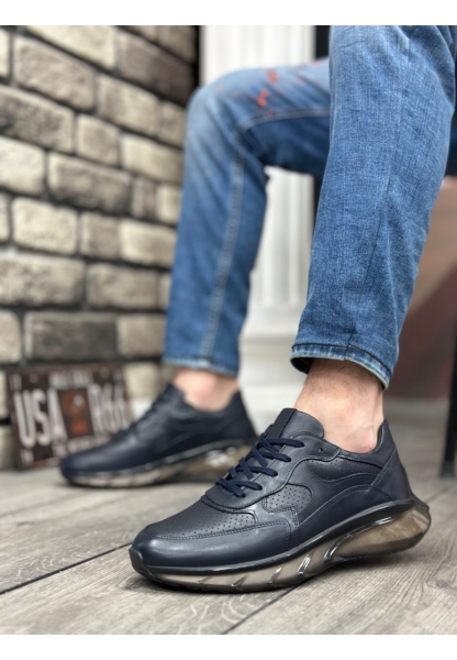 AHN0324 İçi Dışı Hakiki Deri Rahat Taban Lacivert Sneakers Casual Erkek Ayakkabı