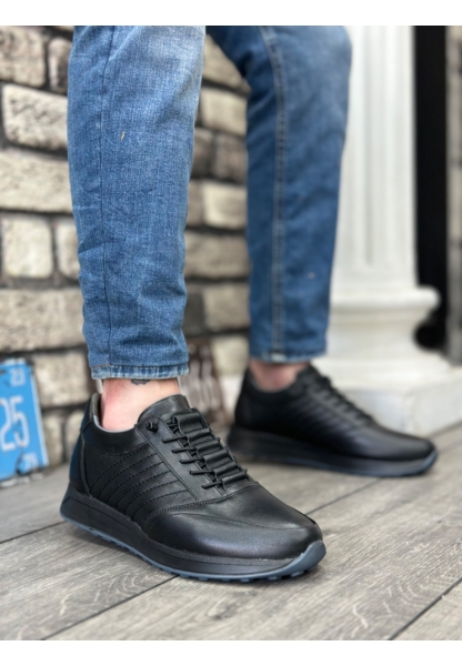 AHN0325 İçi Dışı Hakiki Deri Gizli Bağcık Rahat Taban Siyah Sneakers Casual Erkek Ayakkabı