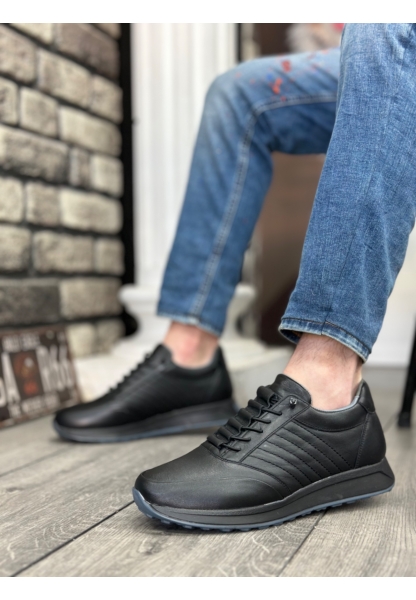 AHN0325 İçi Dışı Hakiki Deri Gizli Bağcık Rahat Taban Siyah Sneakers Casual Erkek Ayakkabı