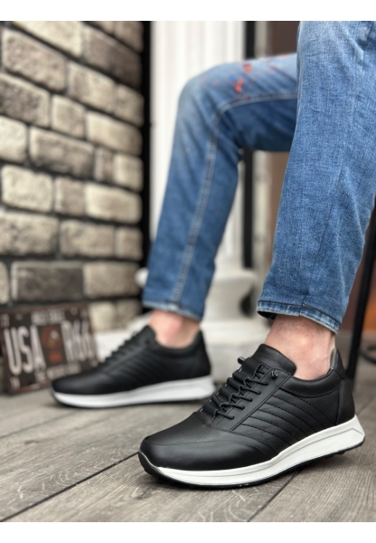 AHN0325 İçi Dışı Hakiki Deri Gizli Bağcık Rahat Taban Siyah Sneakers Casual Erkek Ayakkabı