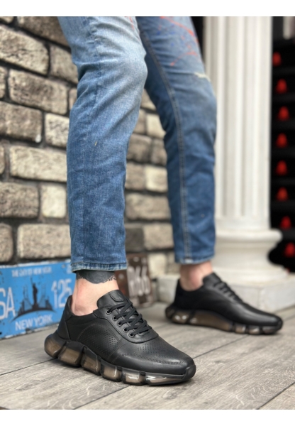 AHN0344 İçi Dışı Hakiki Deri Rahat Taban Siyah Sneakers Casual Erkek Ayakkabı