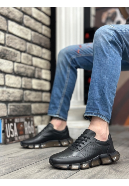 AHN0344 İçi Dışı Hakiki Deri Rahat Taban Siyah Sneakers Casual Erkek Ayakkabı