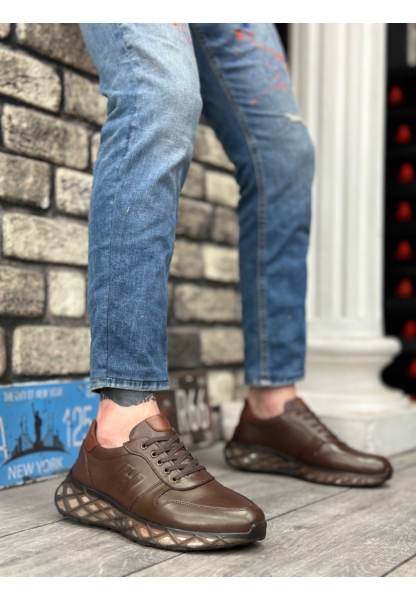 AHN0346 İçi Dışı Hakiki Deri Rahat Taban H Detaylı Kahverengi Sneakers Casual Erkek Ayakkabı